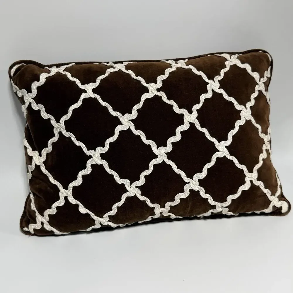 Vintage Brown Velvet White Bric a Brac Throw Accent Pillow 16